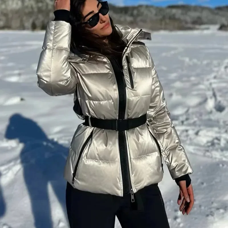 2025 New Women's Ski Series Stand-up Collar Hooded Down Cotton Jacket With Belt Winter Waist Warm Windproof Cuffs Commuter Coats