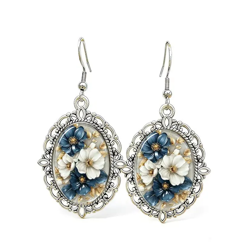 Vintage ovale Blumen-Glas-Cabochon-Ohrringe für Frauen, blau-weiße florale Tropfenohrringe, Schmuckgeschenke – Detail 6