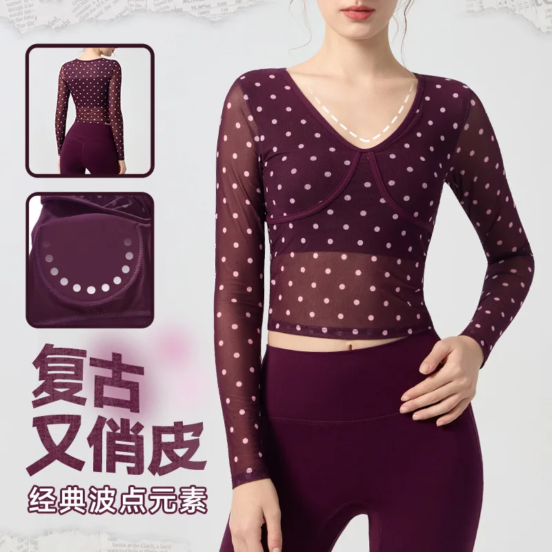 

Пряный дизайн девушки с длинными рукавами в горошек, приталенный сетчатый пояс с подушкой на груди, футболка для фитнеса для женщин