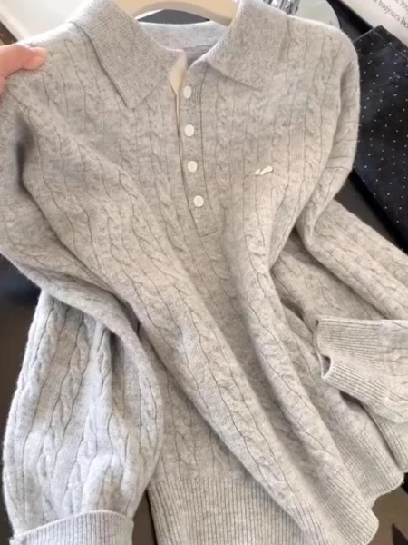 

Вязаный свитер большого размера для женщин, простой длинный свек с отложным воротником, зимний модный универсальный топ свободного покроя