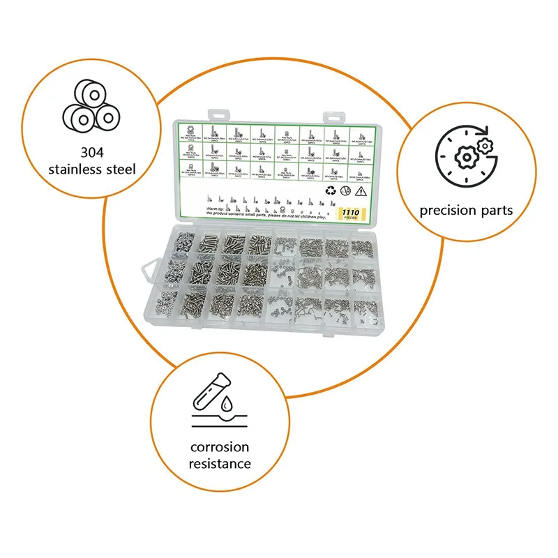 1110Pcs Metric M1‑M2.5 Phillips Pan Head Screws & Nuts Assortment Kit, 304 Stainless Steel Micro Fasteners