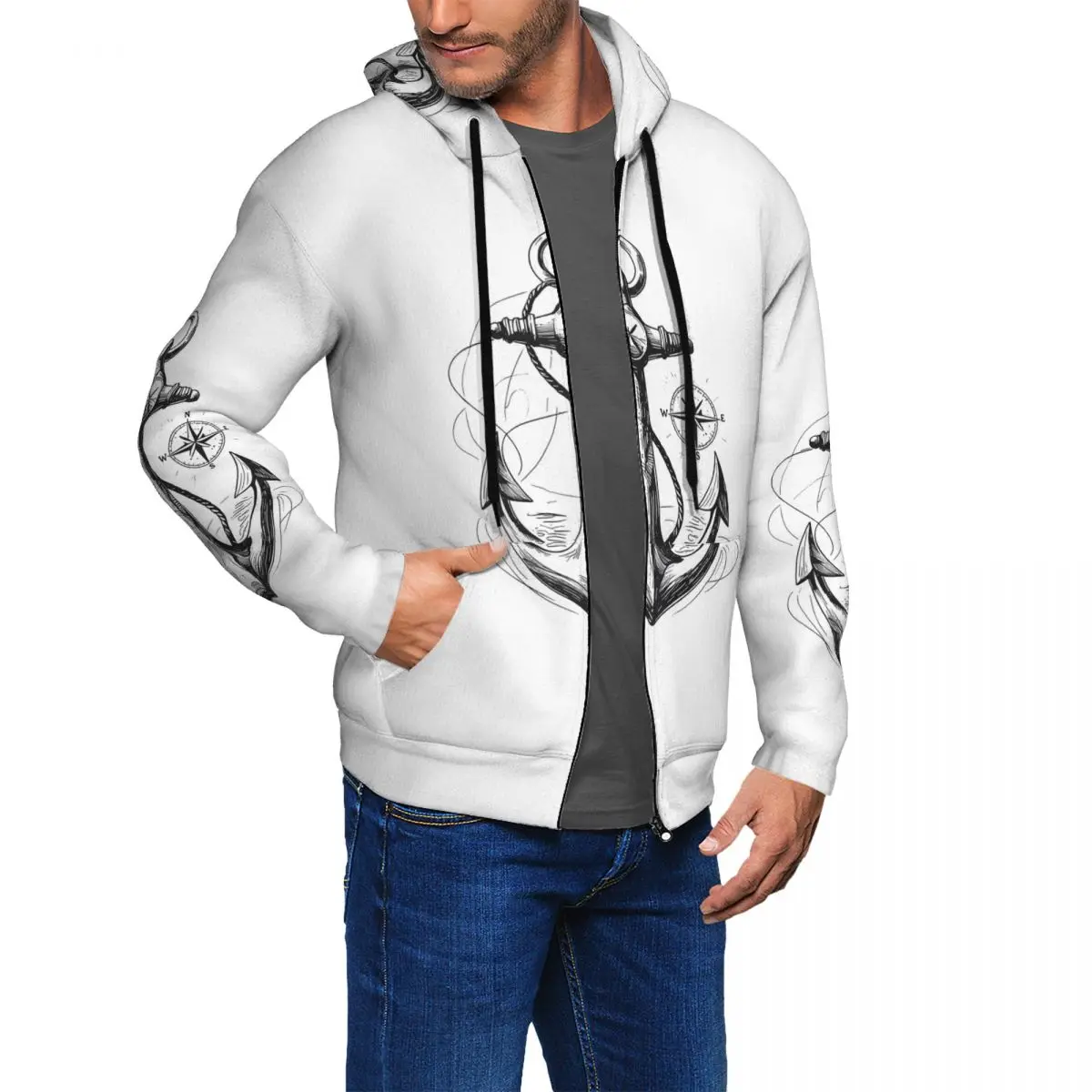 Anchor And Compass Maritime Zipper Hoodie Harajuku Pullover Autumn Winter Men's Women's Sweatshirts Long Sleeve Tops