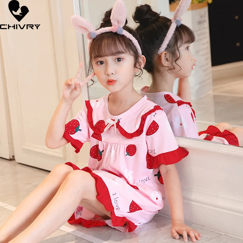 New 2022 Girls Fashion Nightgowns Summer Short Sleeve Lapel Cartoon Sleepwear Pajamas Kids Girls Loose Sleeping Dress Homewear