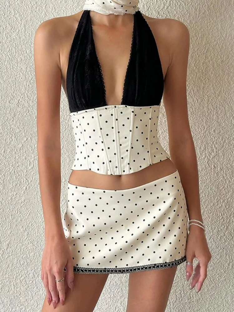 Vneck y2k colheita topo mini saia conjuntos para mulheres elegante sexy duas peças vestido de verão dot conjuntos de falda branco conjuntos de jupes