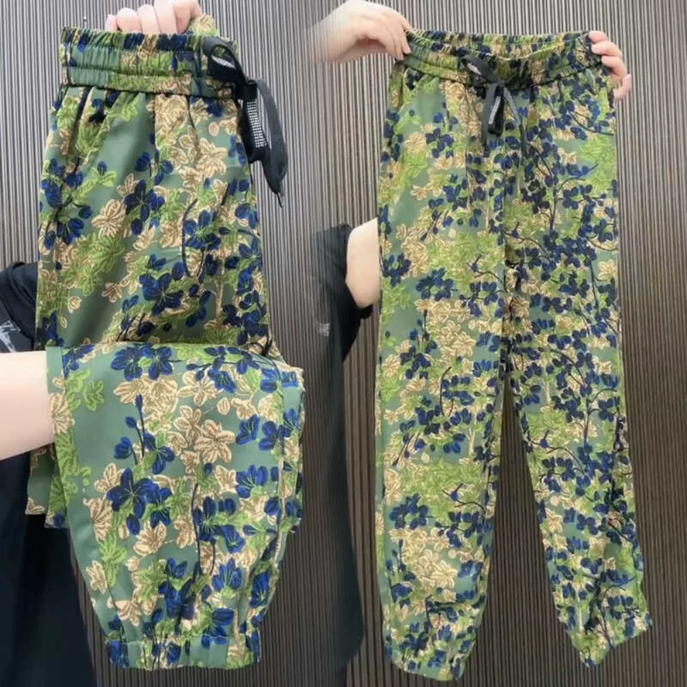 Women Summer New Chinese Style Floral Harem Pants Thin Cool Ice Silk Ankle-Length Elastic Cuff Jogger Versatile Casual Pants