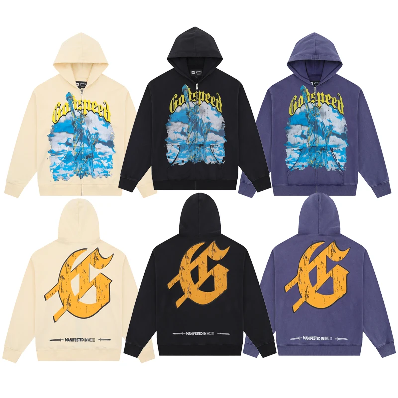 

GOD SPEED Zipper Hoodies 2025 New American High Street Goddess Print Cardigan Jackets Men Women Godspeed Sweatshirts