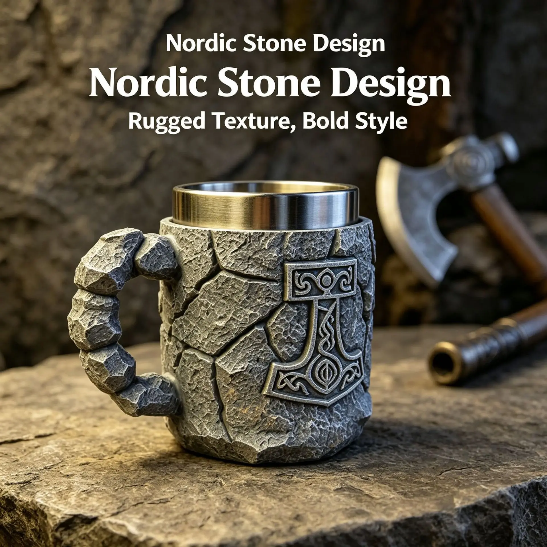 Viking Horned Warrior Head Beer Mug Medieval Norse Mythology-style Tankard Imitation Stone Resin Stainless Steel Coffee Cup