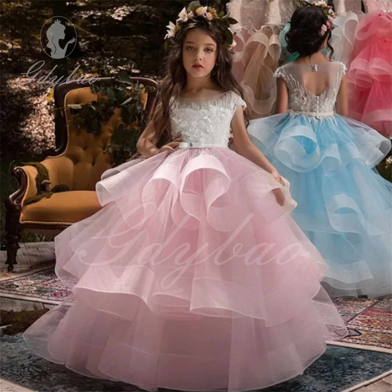 

Flower Girl Wedding Party Little Bridesmaid Lace applique Sleeveless Dress Girl Holy Communion Dinner Performance Dresses