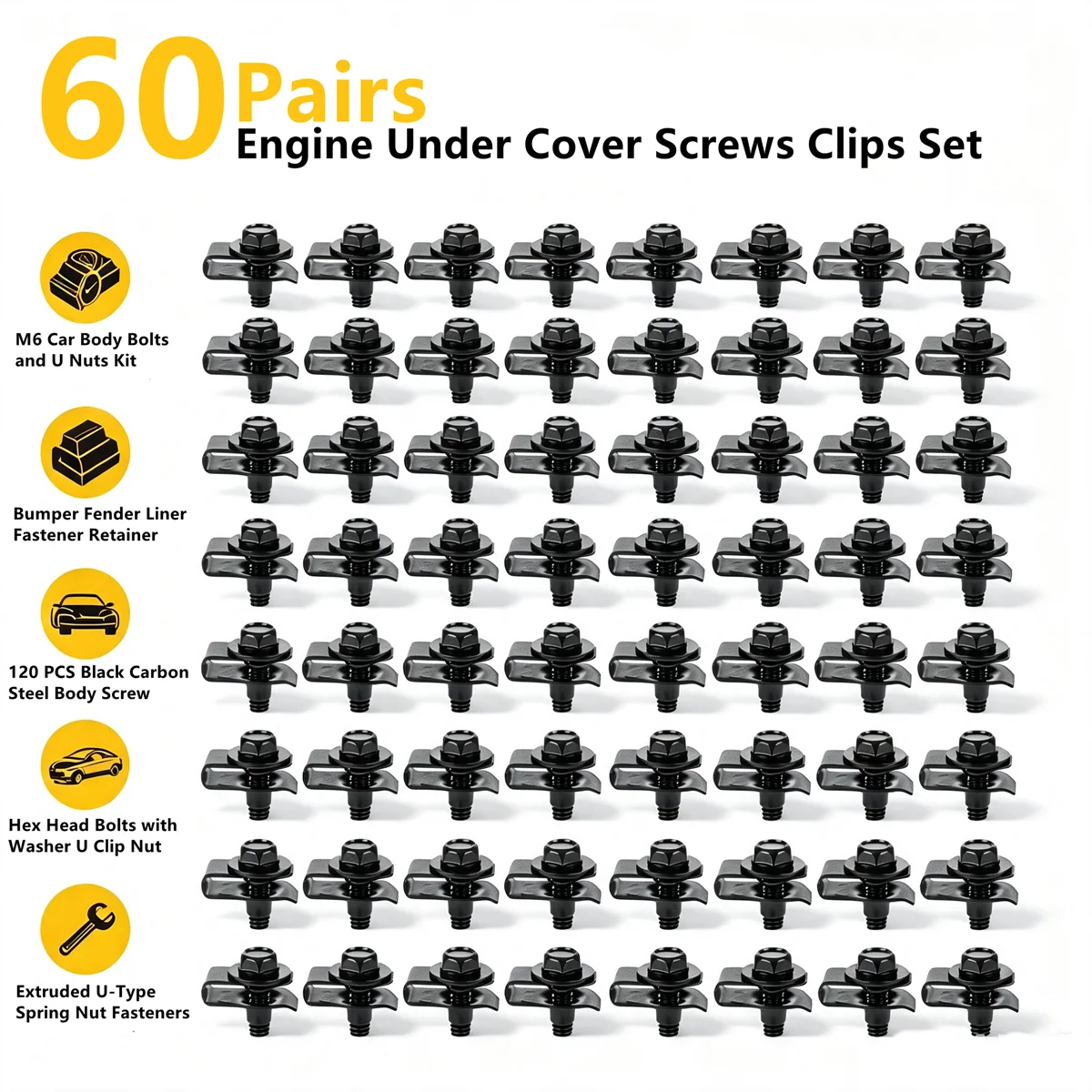 120Pcs M6-1.0 Auto Body Bolts U Nuts Clips Kit Extruded U-Nuts Hex Head Screws Set For Car Bumper Fender Engine Splash Shield