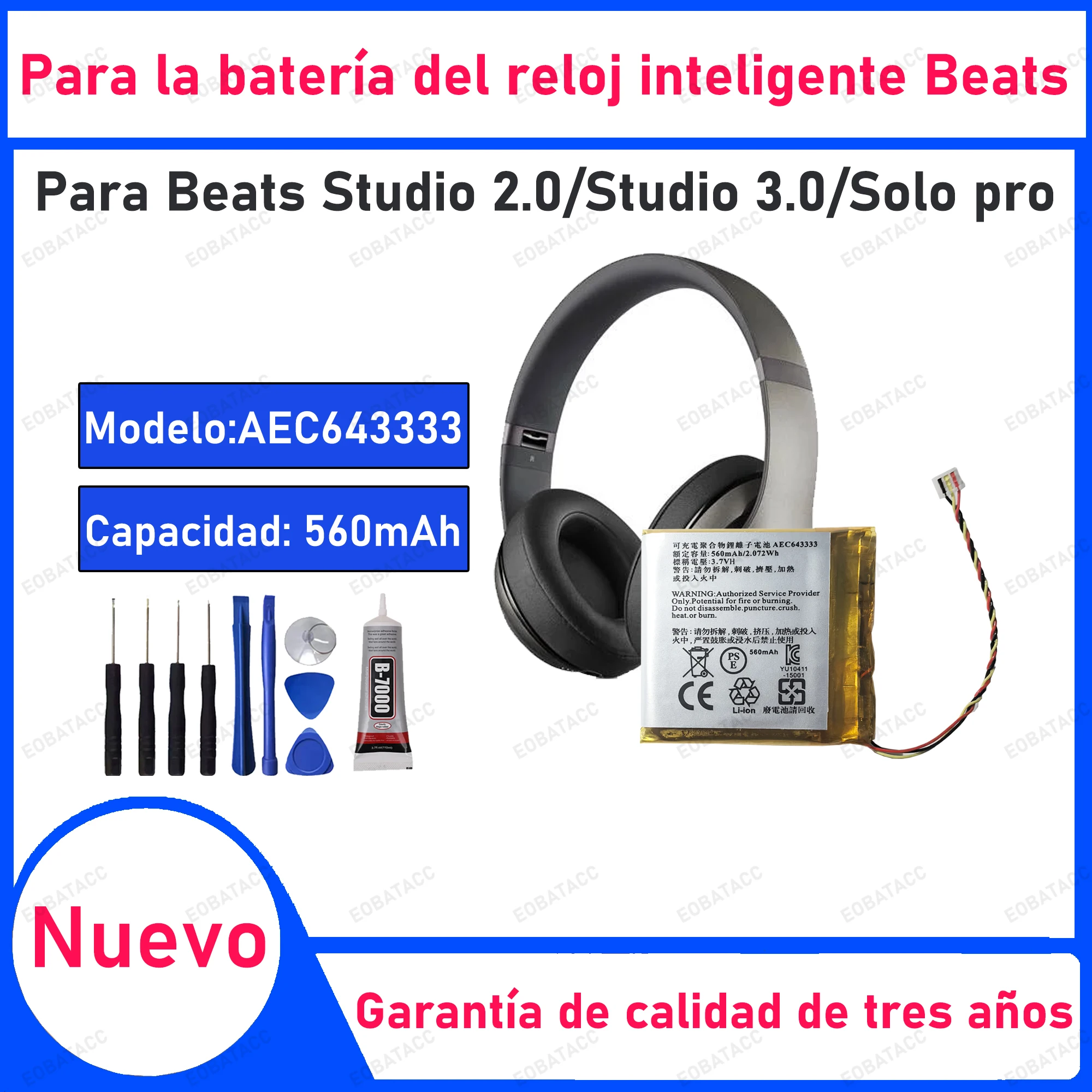 

100% New Zero Cycle AEC643333 Battery 560mAh For Beats Studio 2.0/studio 3.0/solo pro Batteries+free tools