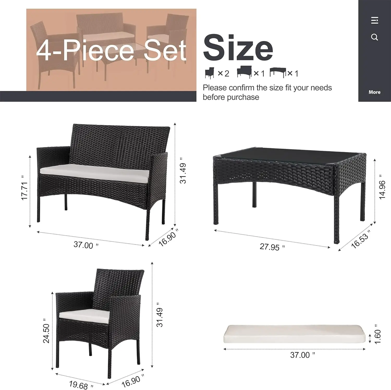 Ensemble de meubles de conversation en rotin pour l'extérieur et l'intérieur, table basse, chaise, WUNICEF, utilisation dans l'arrière-cour, 4 pièces