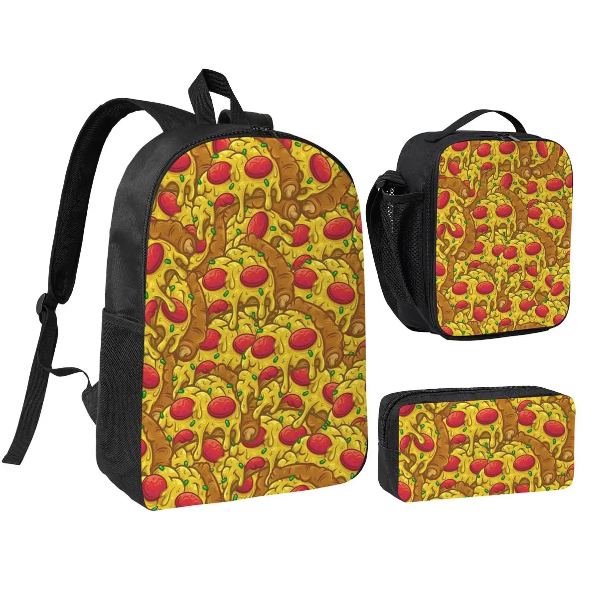 Cartoon Pizza And Cheese Pattern Backpack Boys Girls BookBag School Bag Shoulder Bags 3ps Insulated Lunch Bag Pencil Case