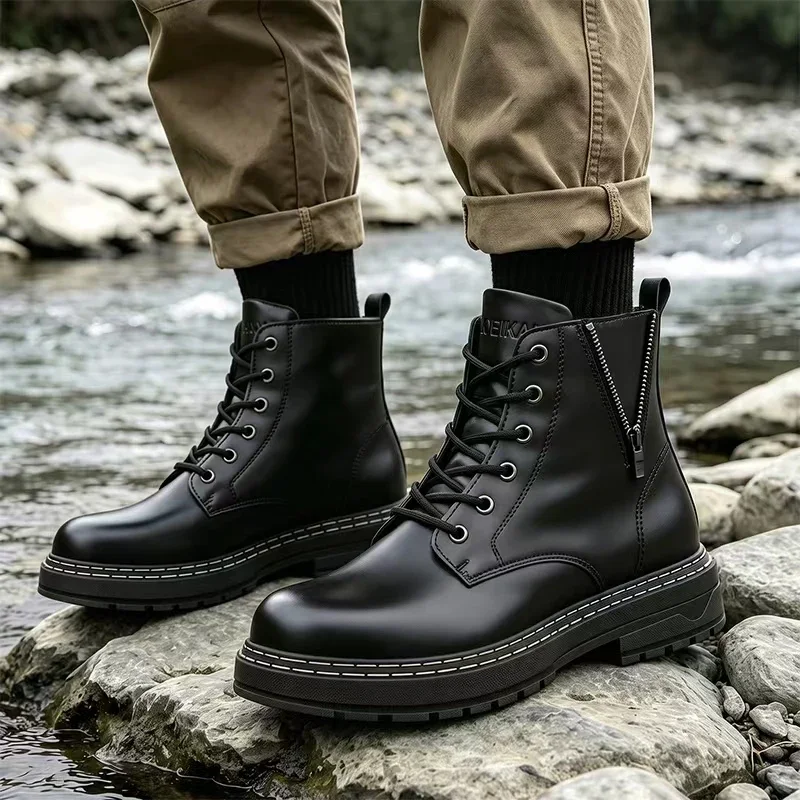 Men's High Top Ankle Boots, Side Zipper Thick Sole Non‑slip Faux Leather Boots, Casual Footwear For Daily Commute Street Walking