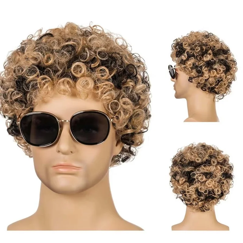 Synthetic Man Wigs Natural Black Mixed Brown Short Curly For Men Wigs Daily Wear Curl Fashion Hairstyle Male Wig