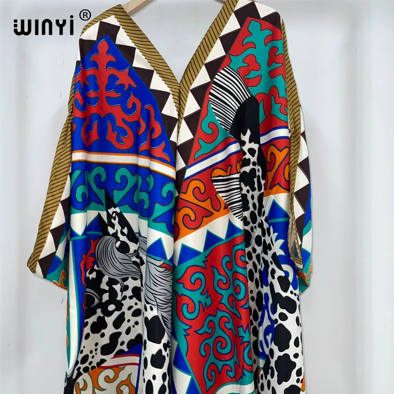 WINYI V-neck kuwait Fashion Women Sexy Boho Casual silk Floral Vintage printing Evening Party Beach Long Middle East Maxi Dress