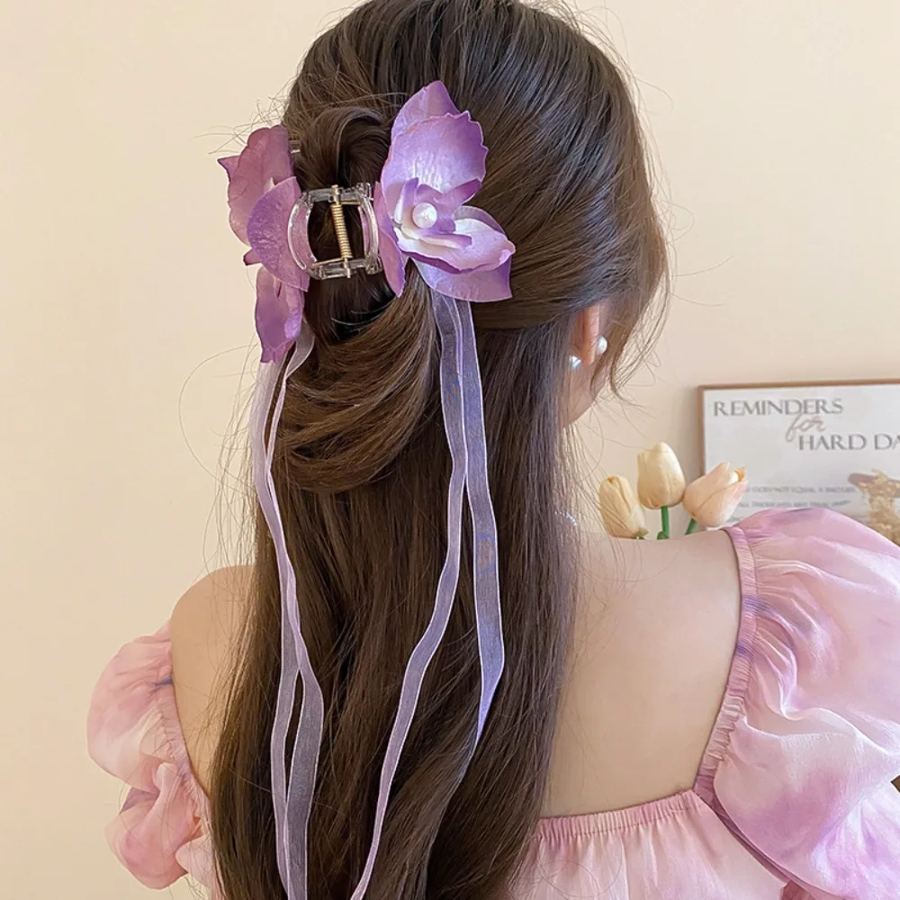 Cloth Ribbon Flower Hair Claw Phalaenopsis Butterfly Orchid Orchid Hair Clip Hair Accessories Ponytail Clip