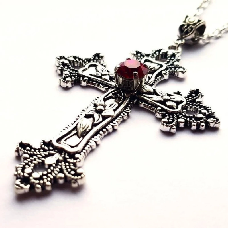 Vintage Baroque Christian Cross Necklace For Women Man Silver Color With Crystals Gothic Crucifix Symbol Unisex Jewelry