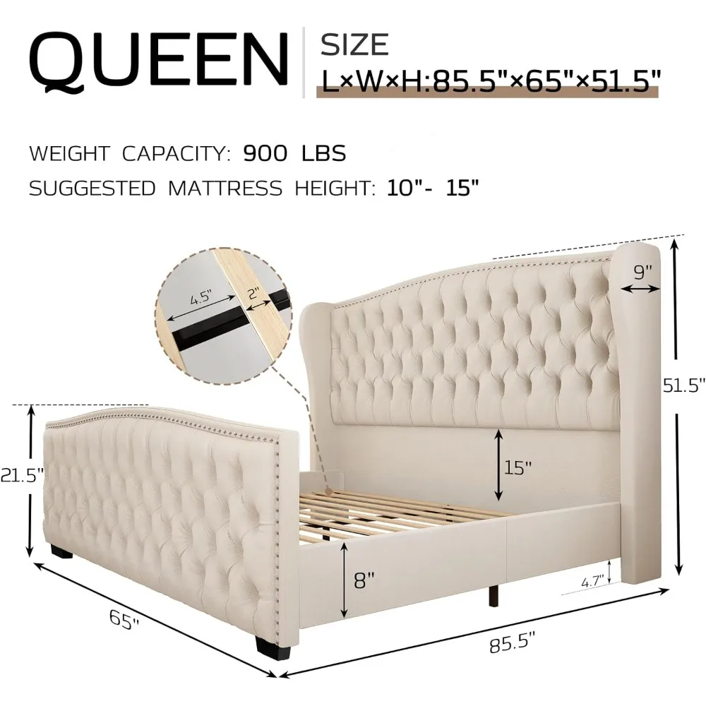 Large flat bedstead with wing back headboard, velvet cushion with manual button tufting and nail head, plank support, cream