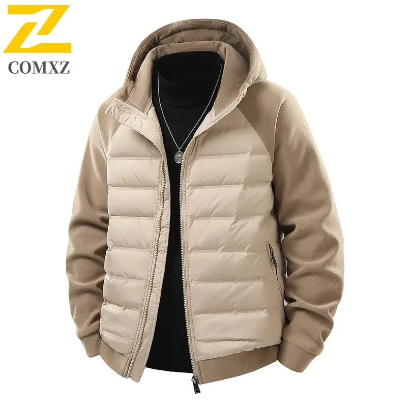 COMXZ Premium Men Down Jacket Splicing Hooded Outdoor Adventure Thickened Warm Parka Hiking Lightweight Comfort Winter Down Coat