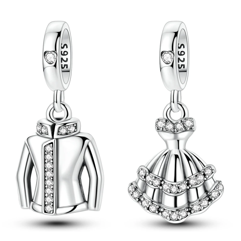 925 Sterling Silver Wedding Suit & Ball Gown Couple Dangle Charm Bead Pair Bride Groom Pendant Fit DIY Bracelet Jewelry Gift