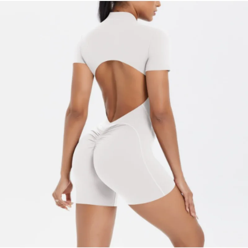 Women's Short Sleeved Sports Overalls Outdoor Running Yoga Jumpsuit High Stretch Push Up Fitness Bodysuit With Zipper