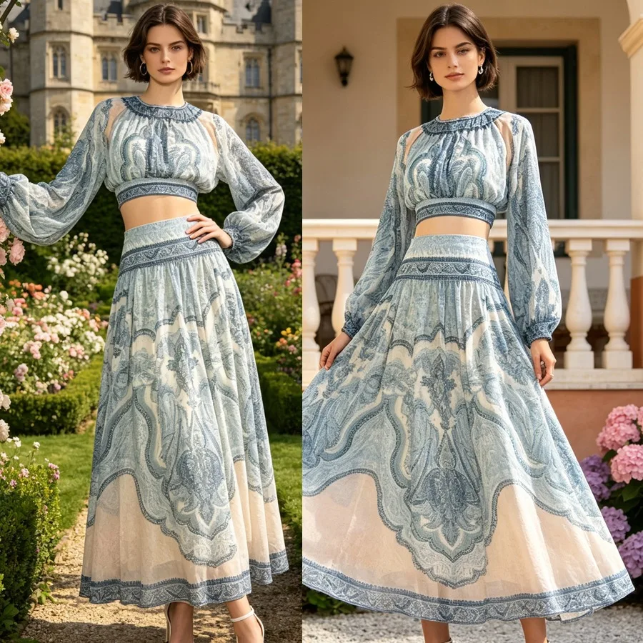

Bohemian Style Lantern Sleeve Print Two-Piece Set Summer Vacation Romantic Half Skirt Set Dress Polyester Fiber Long Sleeve r...