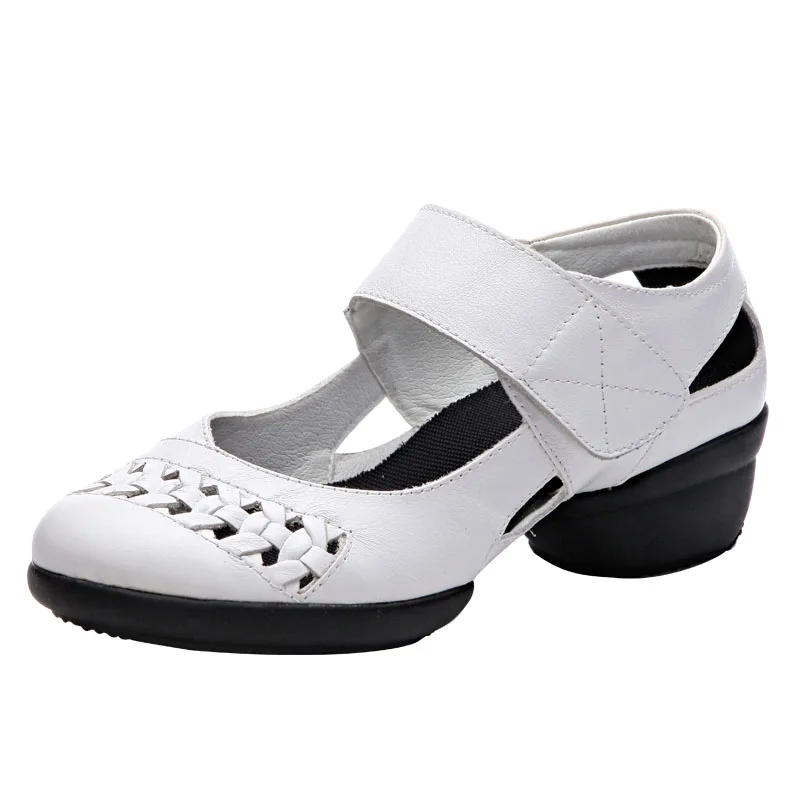 Breathable Dance Shoes Soft Bottom Leather Square Shoe Female Sailor Women Shoes Mid Heel Adult Sneakers Hook & Loop