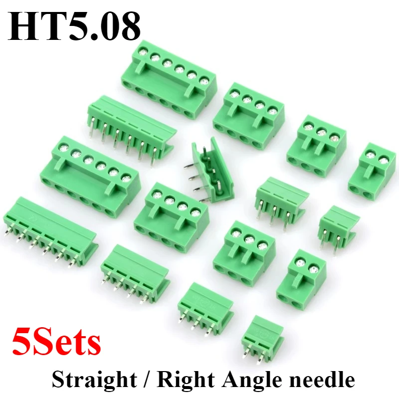 5Sets HT5.08 5.08mm Pitch 2/3/4/5P 6P 8P Screw Plug-in PCB Terminal Block Straight/Right Angle Pin Pluggable Bornier Connector