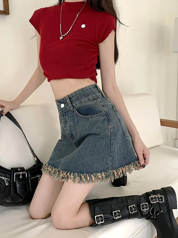 Tassel Denim Short Skirt High Waist Tassel A-line Wrapped Hip Skirt Retro Blue Half Skirt Fashionable Loose Versatile Skirt