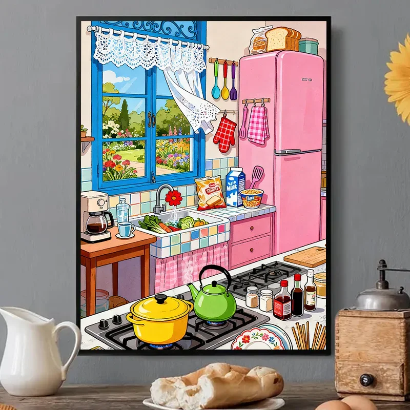 Full Square Round Diamond Painting  Warm Pink Kitchen Window Garden Scenery Mosaic Home Decoration Painting Holiday Gift