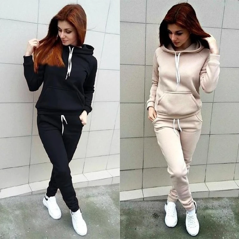 Autumn Women\'s Fleece Tracksuit 2 Pieces Set Pullover Hoodies+Pants Sport Suit Female Winter Warm Sweatshirt Suit for Woman