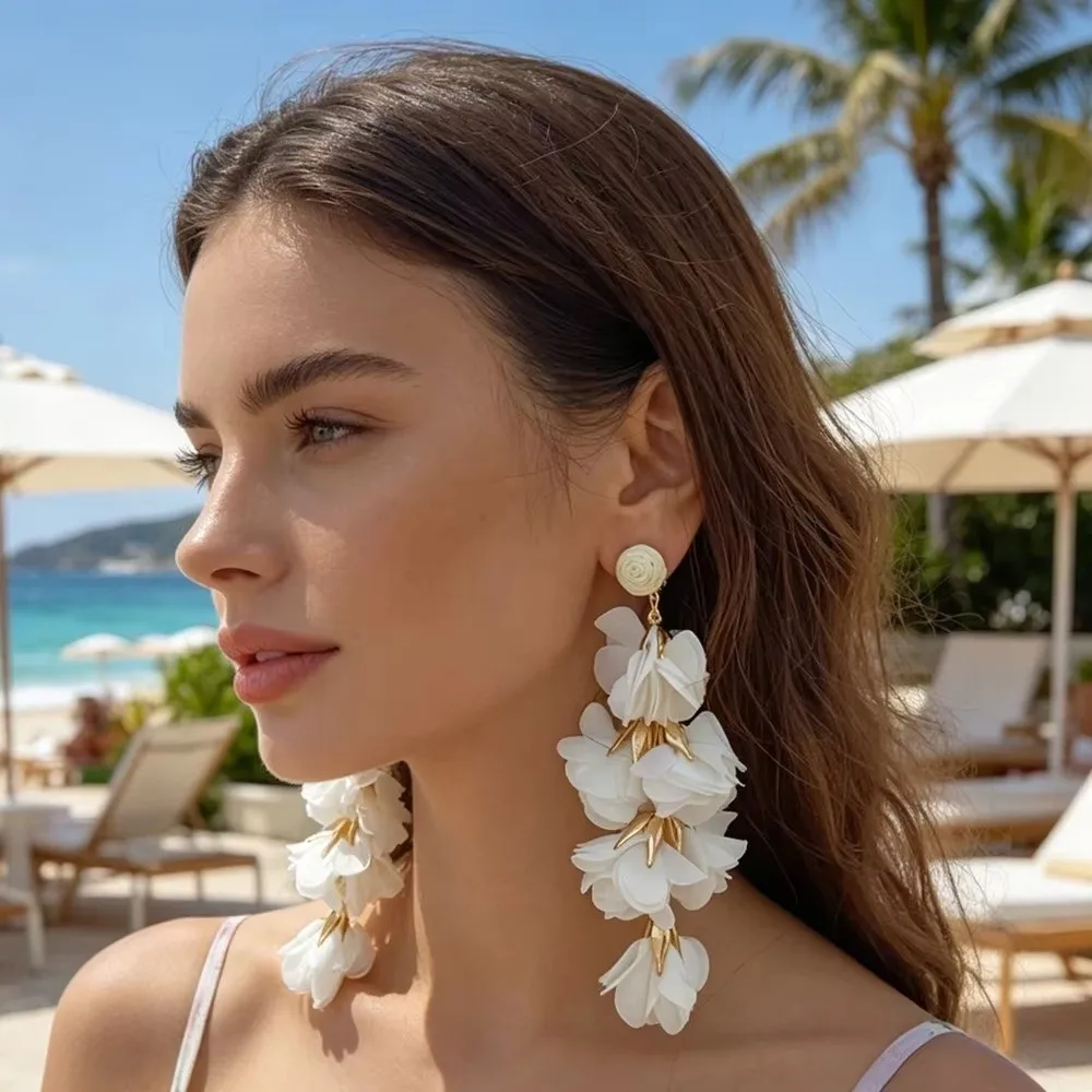 Ethnic Style Tassel Earrings Colorful Design Exaggerated Style Flower Earrings Clip On Closure Tassel Detail Clip On Earrings
