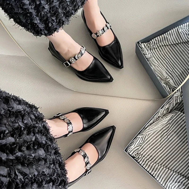 

2025 г., высококачественные туфли на каблуке с кожаным ремешком, женские туфли Мэри Джейн в стиле ретро, черные туфли-лодочки с металлической пряжкой, модная женская обувь