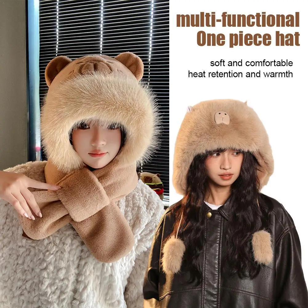 مجموعة قفازات وشاح قبعة كابيبارا 3 في 1 عصرية للنساء، إكسسوارات شتوية لطيفة منفوشة وفراء كرتونية، وشاح بغطاء للرأس دافئ للأذن #1