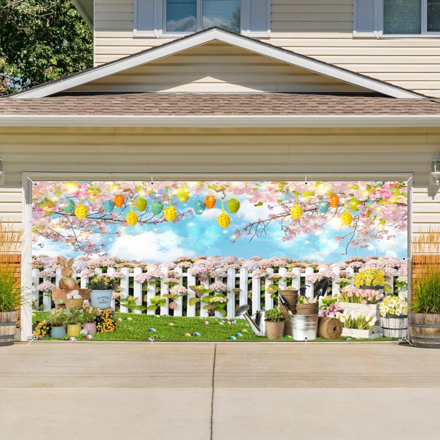 Easter Garage Door Decoration Banner Large Easter Bunny Egg Spring Flower Cover Background Outdoor Indoor Hanging Party Supplies