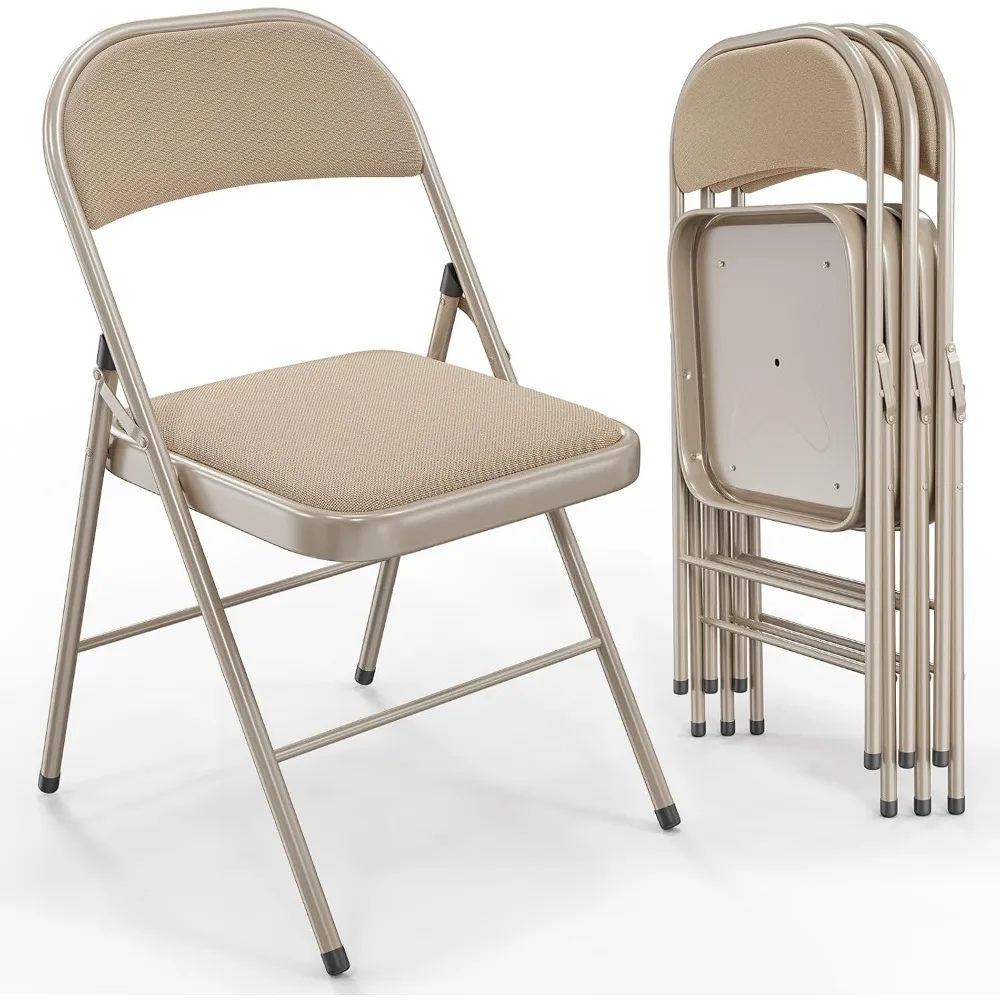 

4 Pack Folding Chairs with Padded Seats, Metal Frame with Fabric Seat & Back, Capacity 350 lbs, Khaki, Set of 4