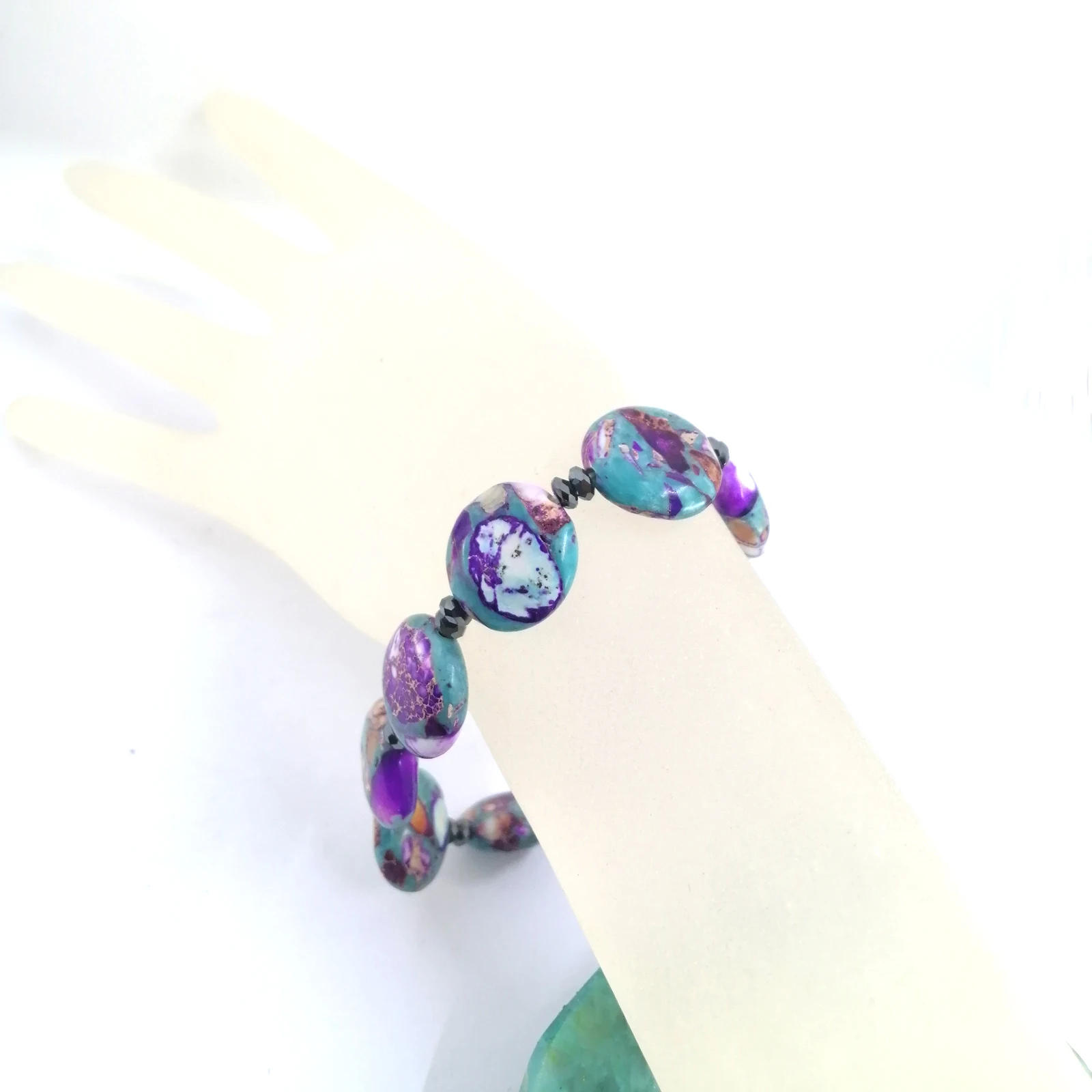 JYSTONE Trendy Regenerate Turquoise and Purple Imperial Stone 16mm Disk Elastic Bracelet - Factory Direct, Affordable Price