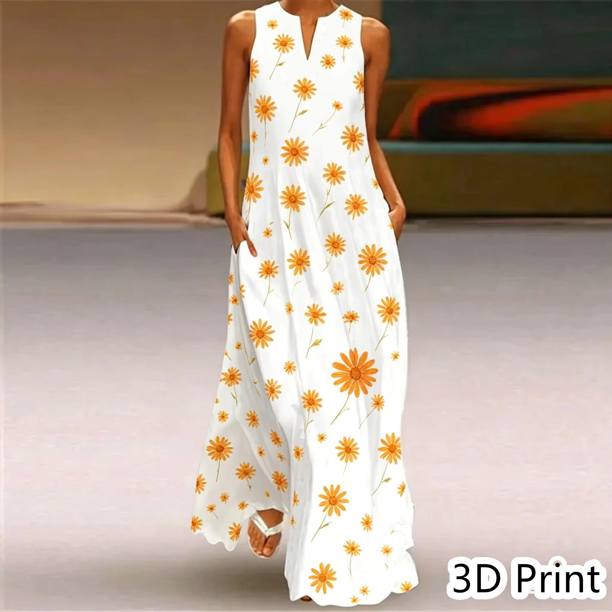 Large Size 3XL Fashion Sunflower Print Women Long Dress Casual Robe Summer Sexy Sleeveless V-neck Long Dress Beach Party Vestido
