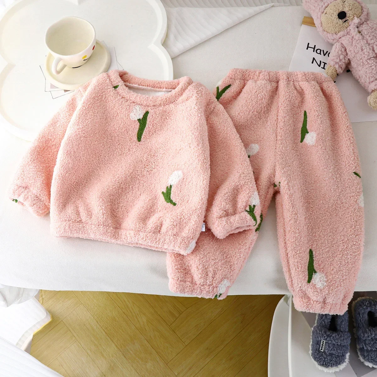 New Kids Autumn Winter Thicken Warm Fleece Pajamas Cute Cartoon O-neck Clothing Sets Baby Boys Girls Sleepwear Toddler Pyjamas