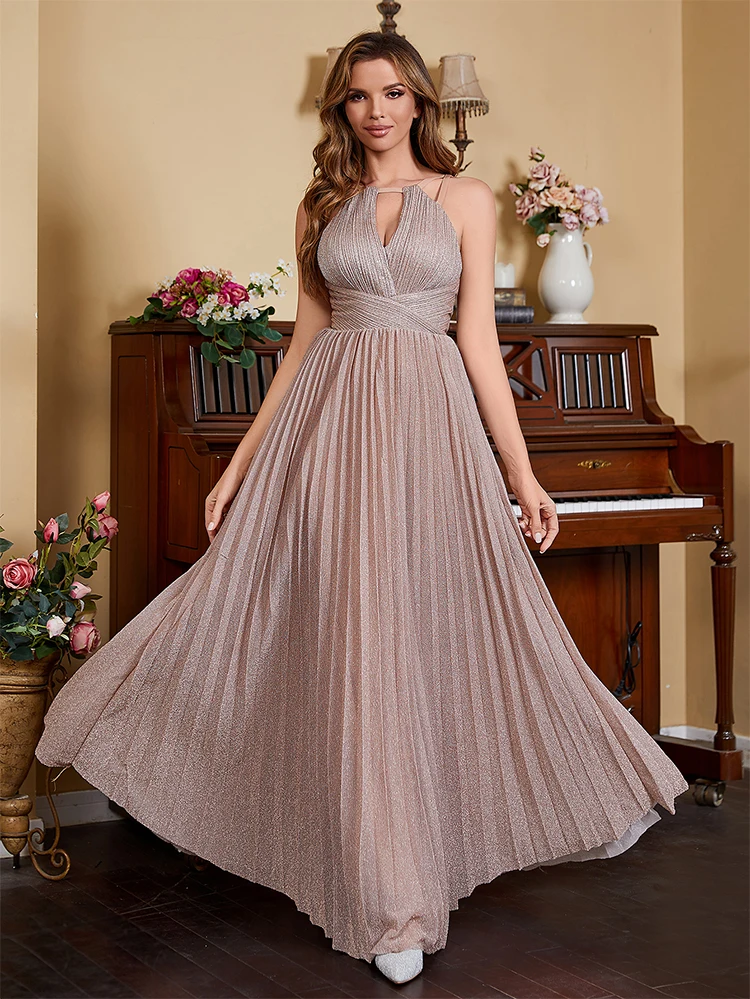 

Elegant Halter Evening Dresses 2024 Prom Dresses Long Pleated Sparkly Bridesmaid Dresses Formal Gown Birthday Party Dress