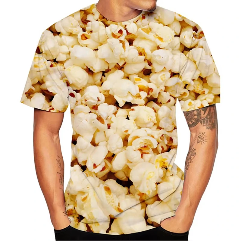 Camisetas divertidas con estampado 3D de palomitas de maíz, ropa para hombres y mujeres, camiseta de manga corta de verano para niños, ropa de calle informal Y2k, camisetas