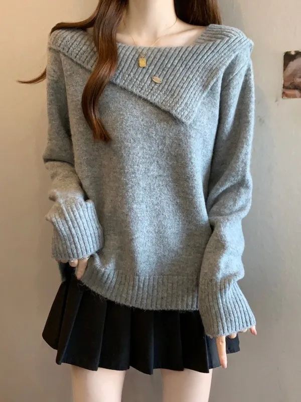 

plus Size Women's Knitted Sweater oulder-Length Long Sve Square Collar Alpaca Wool Loose Fit Slimming Top Autumn Winter