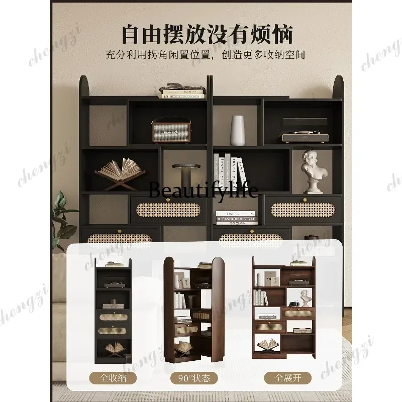 Retro bookcase storage multi-layer storage wall rotatable retractable American corner bookcase d178