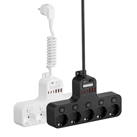 4000W 파워 스트립 유럽 표준 플러그 독립 스위치 EU AC 플러그 2m 연장 코드 콘센트 (USB-A 3개, USB-C 3개 포트 포함)