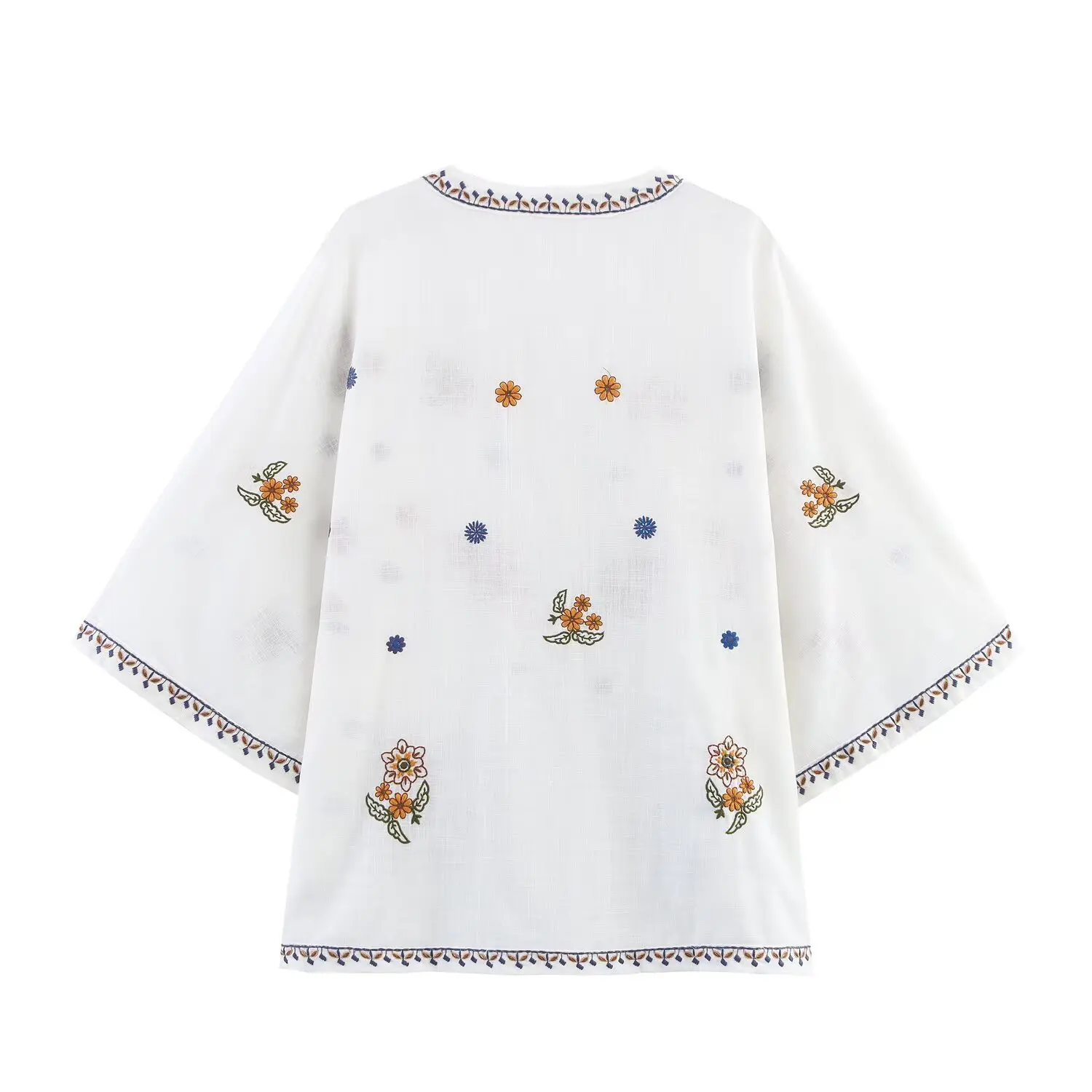 JNLEAOG Spring New Women's Faion Design Embroidered irt Casual Loose Polyester Seven Sve V Ne Button Crt
