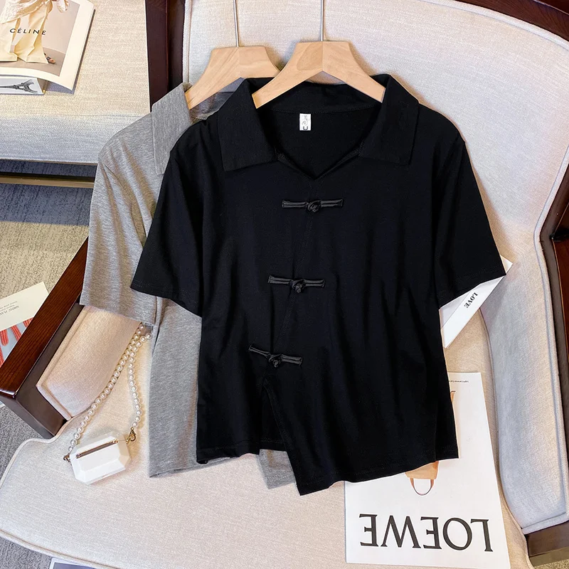 Summer XL-4XL Oversize Cotton T-shirt Female Irregular Short-sleeve Loose Large Size Top V-neck Chinese Style Button Retro Split