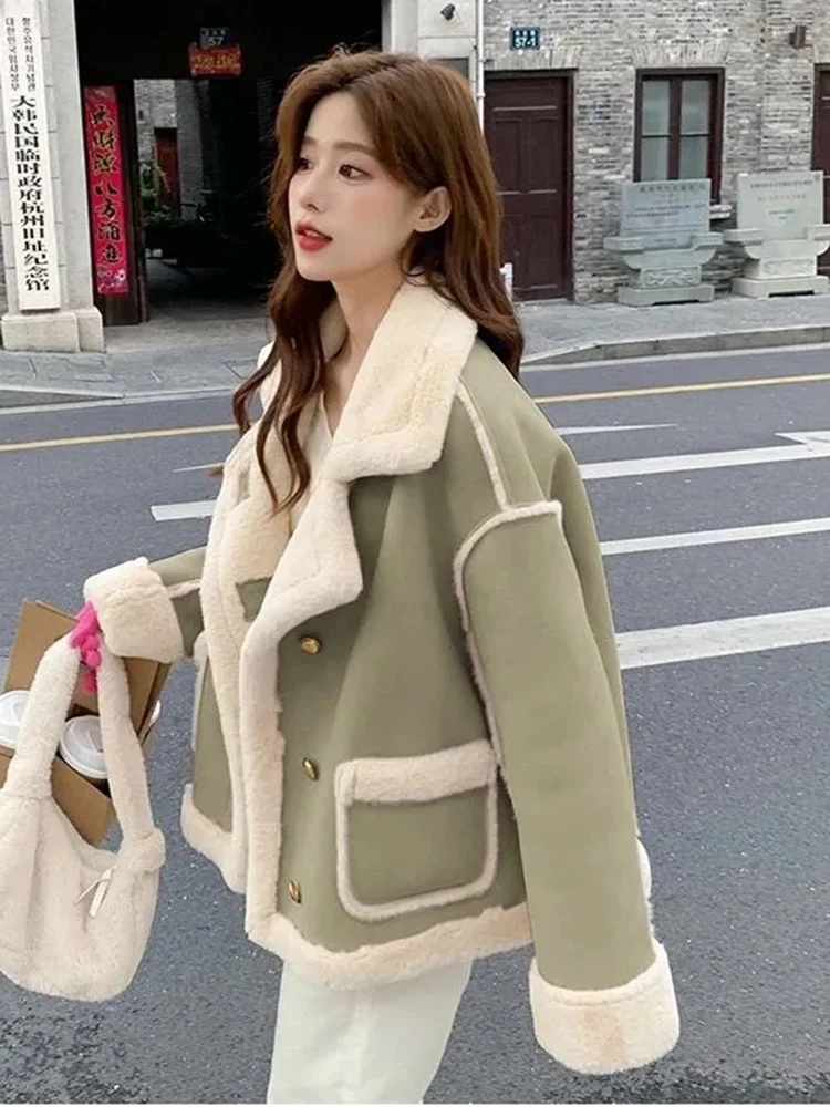 Winter Warm Plush Thicken Casaco Casual Classic Lamb Wool Lined Jacket  Overcoat Women Korean Chic Single Breasted New Coat 2023