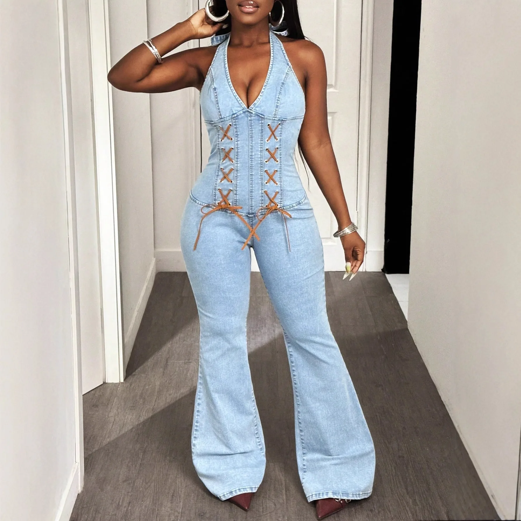 

Повседневные джинсовые комбинезоны без рукавов с v-образным вырезом, длинные брюки, женские летние новые стильные трансграничные модные женские брюки