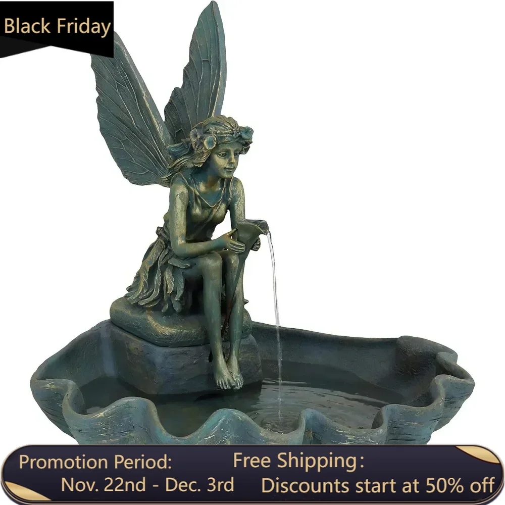 

Durable resin fountain 30-Inch H Fairy Shell Outdoor Water Fountain - Waterfall Feature for The Patio, Lawn, or Yard - Bronze