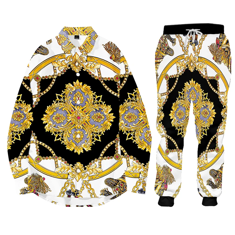 Luxury Golden Floral Baroque 3D Print Clothing Men Spring Autumn Tracksuit 2 Piece Sets Sports Suit Jacket Pant Sweatsuit Male